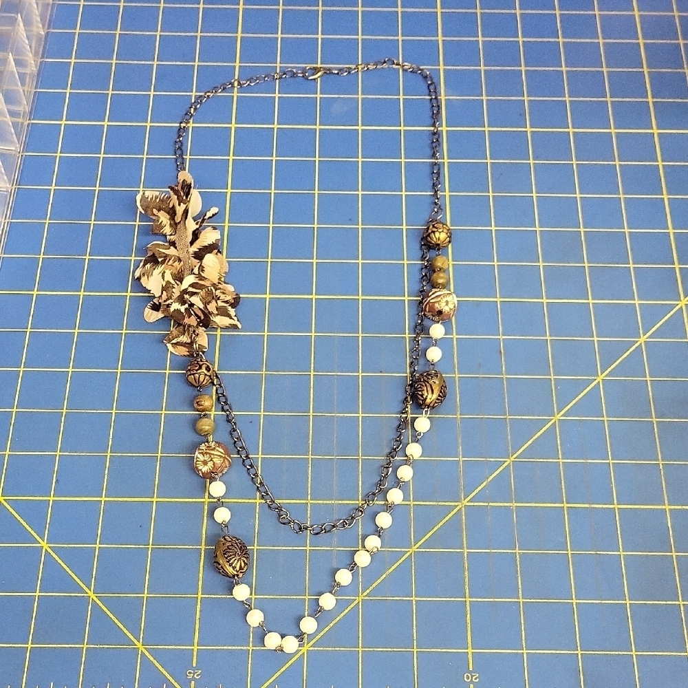 Floral Necklace Fabric White Antique Gold Bead Chain 2 Strand Layer 36" Necklace